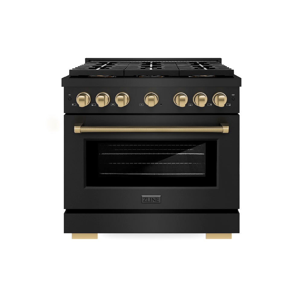 ZLINE Autograph Edition 36 in. 5.2 cu. ft. Paramount Gas Range with 6 Burner DuoPro™ Cooktop and Convection Gas Oven in Black Stainless Steel with Champagne Bronze Helix Handle and Accents (PSGRBZ-36-KCB) front.
