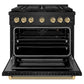 ZLINE Autograph Edition 36 in. 5.2 cu. ft. Paramount Gas Range with 6 Burner DuoPro™ Cooktop and Convection Gas Oven in Black Stainless Steel with Champagne Bronze Helix Handle and Accents (PSGRBZ-36-KCB) front, oven open.