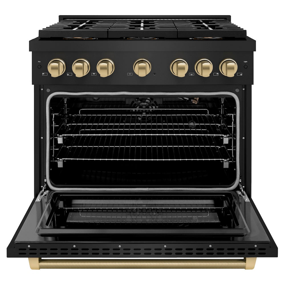 ZLINE Autograph Edition 36 in. 5.2 cu. ft. Paramount Gas Range with 6 Burner DuoPro™ Cooktop and Convection Gas Oven in Black Stainless Steel with Champagne Bronze Helix Handle and Accents (PSGRBZ-36-KCB) front, oven open.