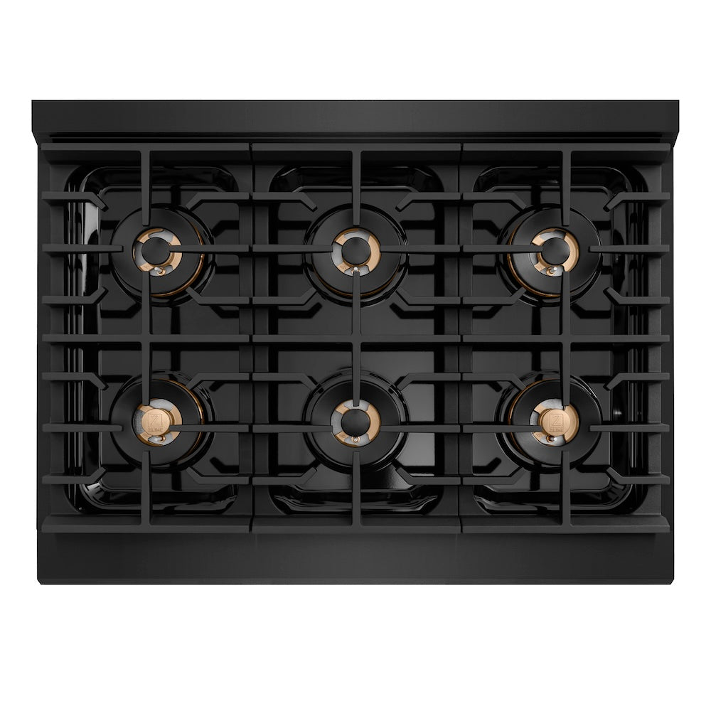 ZLINE Autograph Edition 36 in. 5.2 cu. ft. Paramount Gas Range with 6 Burner DuoPro™ Cooktop and Convection Gas Oven in Black Stainless Steel with Champagne Bronze Helix Handle and Accents (PSGRBZ-36-KCB) top-down, above cooktop.