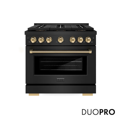 ZLINE Autograph Edition 36 in. 5.2 cu. ft. Paramount Gas Range with 6 Burner DuoPro™ Cooktop and Convection Gas Oven in Black Stainless Steel with Polished Gold Helix Handle and Accents (PSGRBZ-36-KG) front, with DuoPro™ logo.