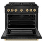 ZLINE Autograph Edition 36 in. 5.2 cu. ft. Paramount Gas Range with 6 Burner DuoPro™ Cooktop and Convection Gas Oven in Black Stainless Steel with Polished Gold Helix Handle and Accents (PSGRBZ-36-KG) front, oven open.