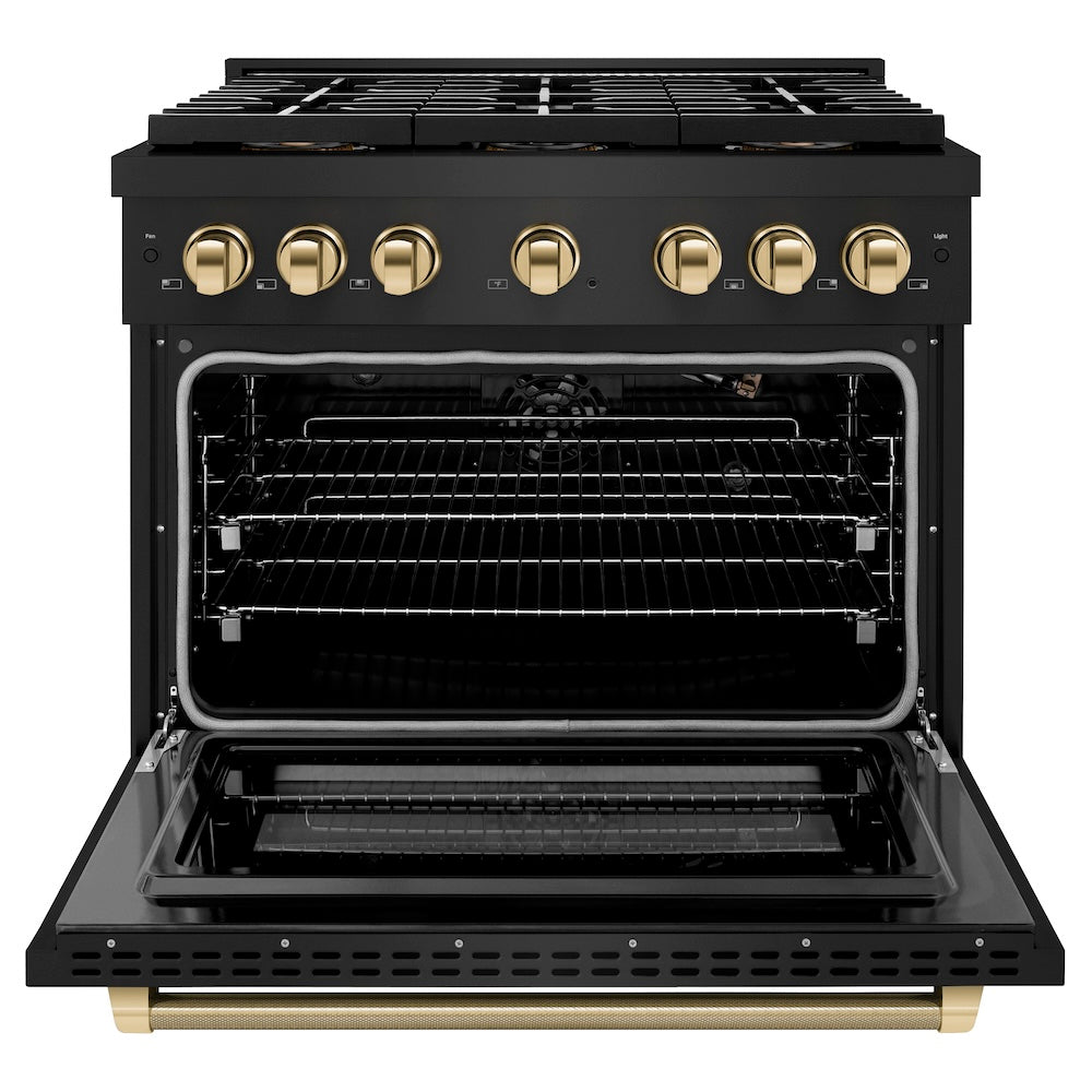 ZLINE Autograph Edition 36 in. 5.2 cu. ft. Paramount Gas Range with 6 Burner DuoPro™ Cooktop and Convection Gas Oven in Black Stainless Steel with Polished Gold Helix Handle and Accents (PSGRBZ-36-KG) front, oven open.