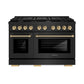 ZLINE Autograph Edition 48 in. 6.7 cu. ft. Paramount Gas Range with 8 Burner DuoPro™ Cooktop and Dual Ovens in Black Stainless Steel with Polished Gold Helix Handles and Accents (PSGRBZ-48-KG) front.