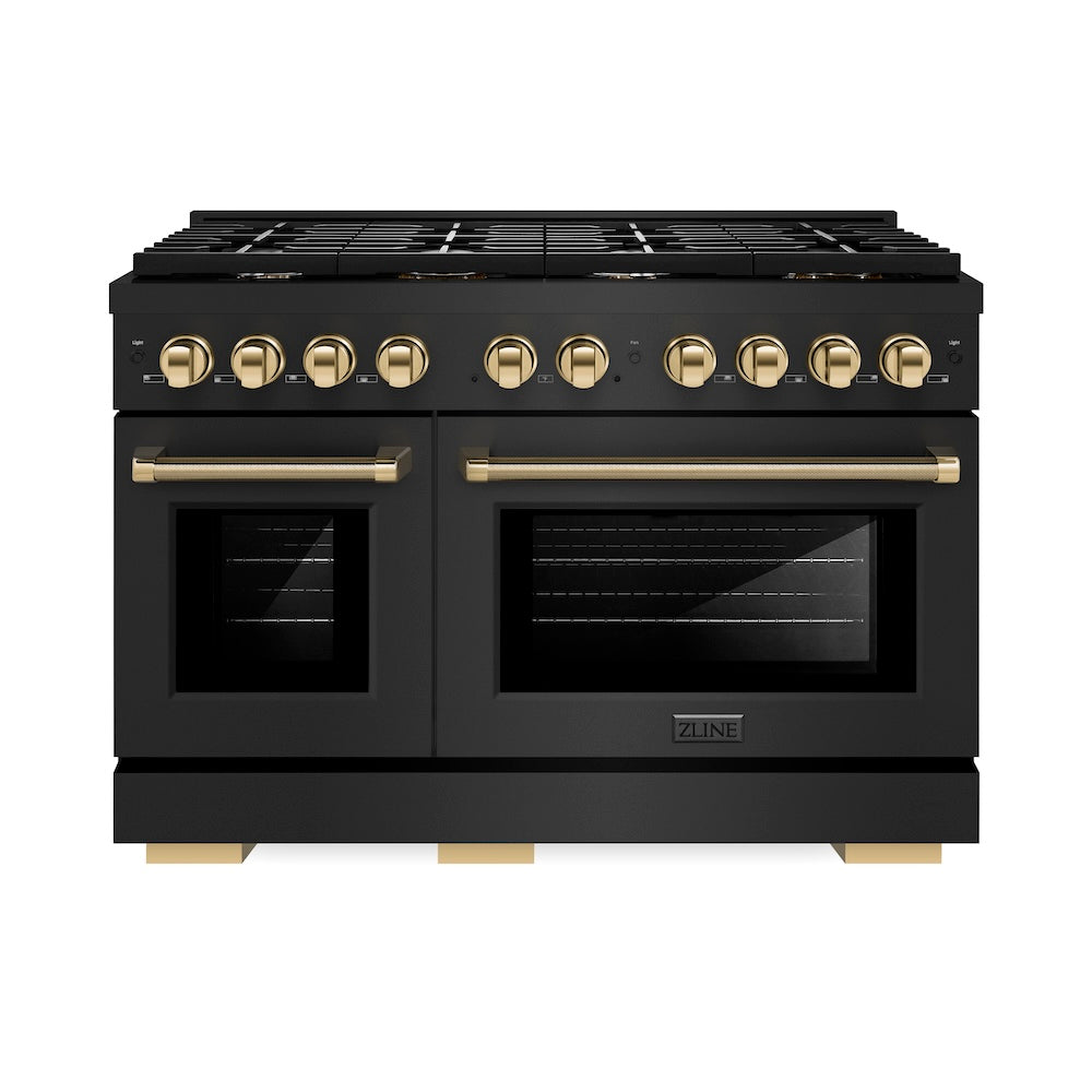 ZLINE Autograph Edition 48 in. 6.7 cu. ft. Paramount Gas Range with 8 Burner DuoPro™ Cooktop and Dual Ovens in Black Stainless Steel with Polished Gold Helix Handles and Accents (PSGRBZ-48-KG) front.