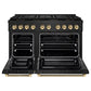 ZLINE Autograph Edition 48 in. 6.7 cu. ft. Paramount Gas Range with 8 Burner DuoPro™ Cooktop and Dual Ovens in Black Stainless Steel with Polished Gold Helix Handles and Accents (PSGRBZ-48-KG) front, oven open.