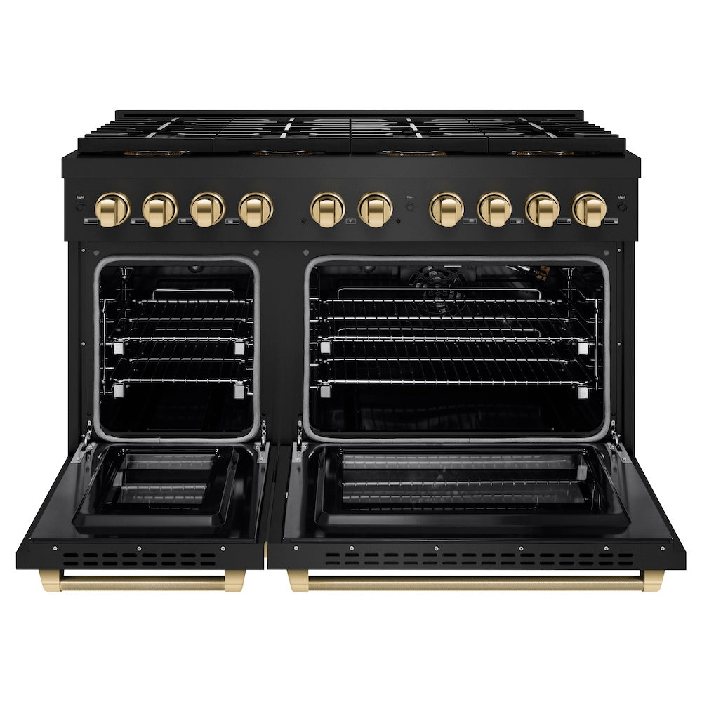 ZLINE Autograph Edition 48 in. 6.7 cu. ft. Paramount Gas Range with 8 Burner DuoPro™ Cooktop and Dual Ovens in Black Stainless Steel with Polished Gold Helix Handles and Accents (PSGRBZ-48-KG) front, oven open.