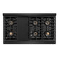 ZLINE Autograph Edition 48 in. 6.7 cu. ft. Paramount Gas Range with 8 Burner DuoPro™ Cooktop and Dual Ovens in Black Stainless Steel with Polished Gold Helix Handles and Accents (PSGRBZ-48-KG) top-down, above cooktop.