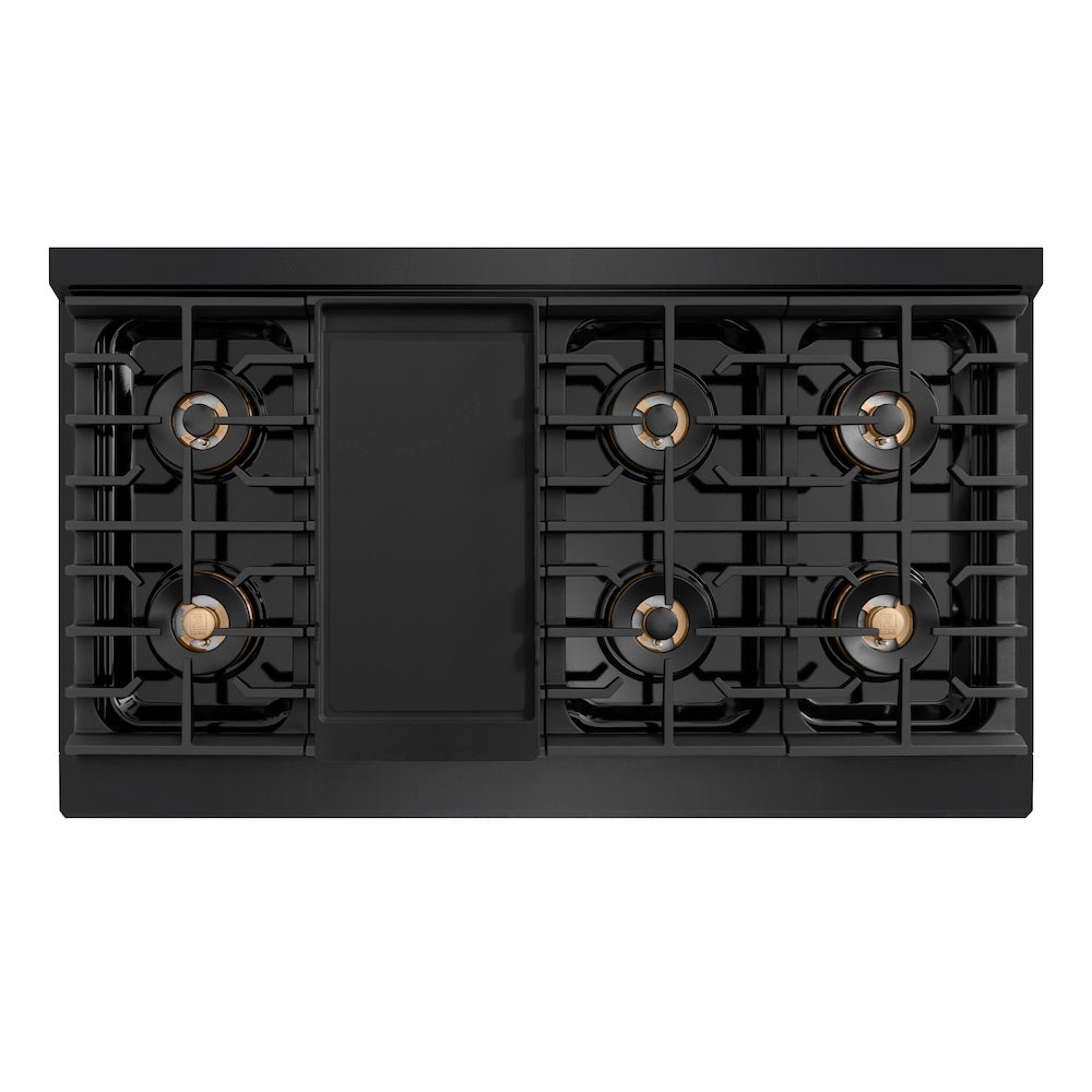 ZLINE Autograph Edition 48 in. 6.7 cu. ft. Paramount Gas Range with 8 Burner DuoPro™ Cooktop and Dual Ovens in Black Stainless Steel with Polished Gold Helix Handles and Accents (PSGRBZ-48-KG) top-down, above cooktop.