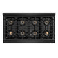 ZLINE Autograph Edition 48 in. 6.7 cu. ft. Paramount Gas Range with 8 Burner DuoPro™ Cooktop and Dual Ovens in Black Stainless Steel with Polished Gold Helix Handles and Accents (PSGRBZ-48-KG) top-down, above cooktop.