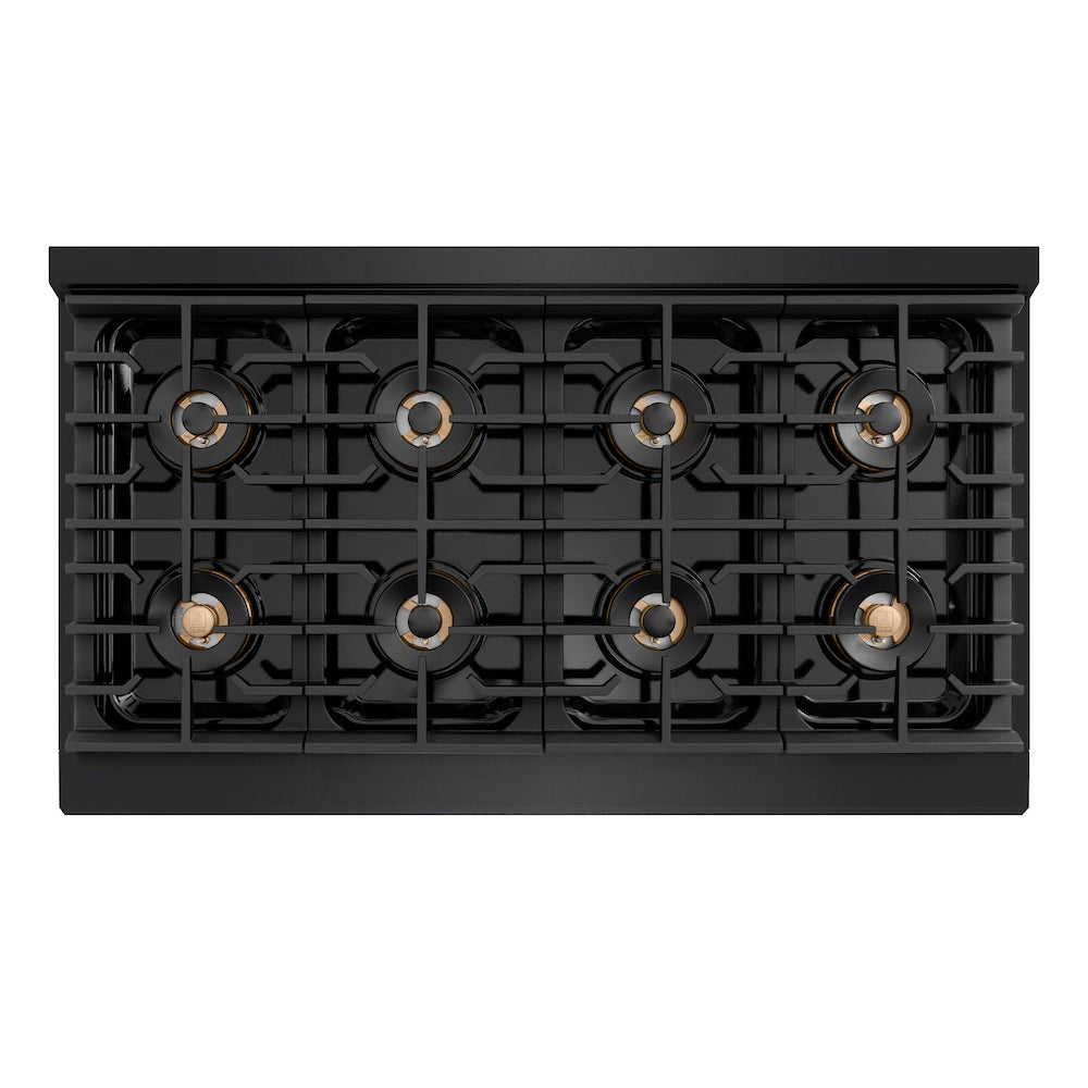 ZLINE Autograph Edition 48 in. 6.7 cu. ft. Paramount Gas Range with 8 Burner DuoPro™ Cooktop and Dual Ovens in Black Stainless Steel with Polished Gold Helix Handles and Accents (PSGRBZ-48-KG) top-down, above cooktop.