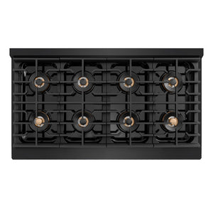 ZLINE Autograph Edition 48 in. 6.7 cu. ft. Paramount Gas Range with 8 Burner DuoPro™ Cooktop and Dual Ovens in Black Stainless Steel with Polished Gold Helix Handles and Accents (PSGRBZ-48-KG) top-down, above cooktop.