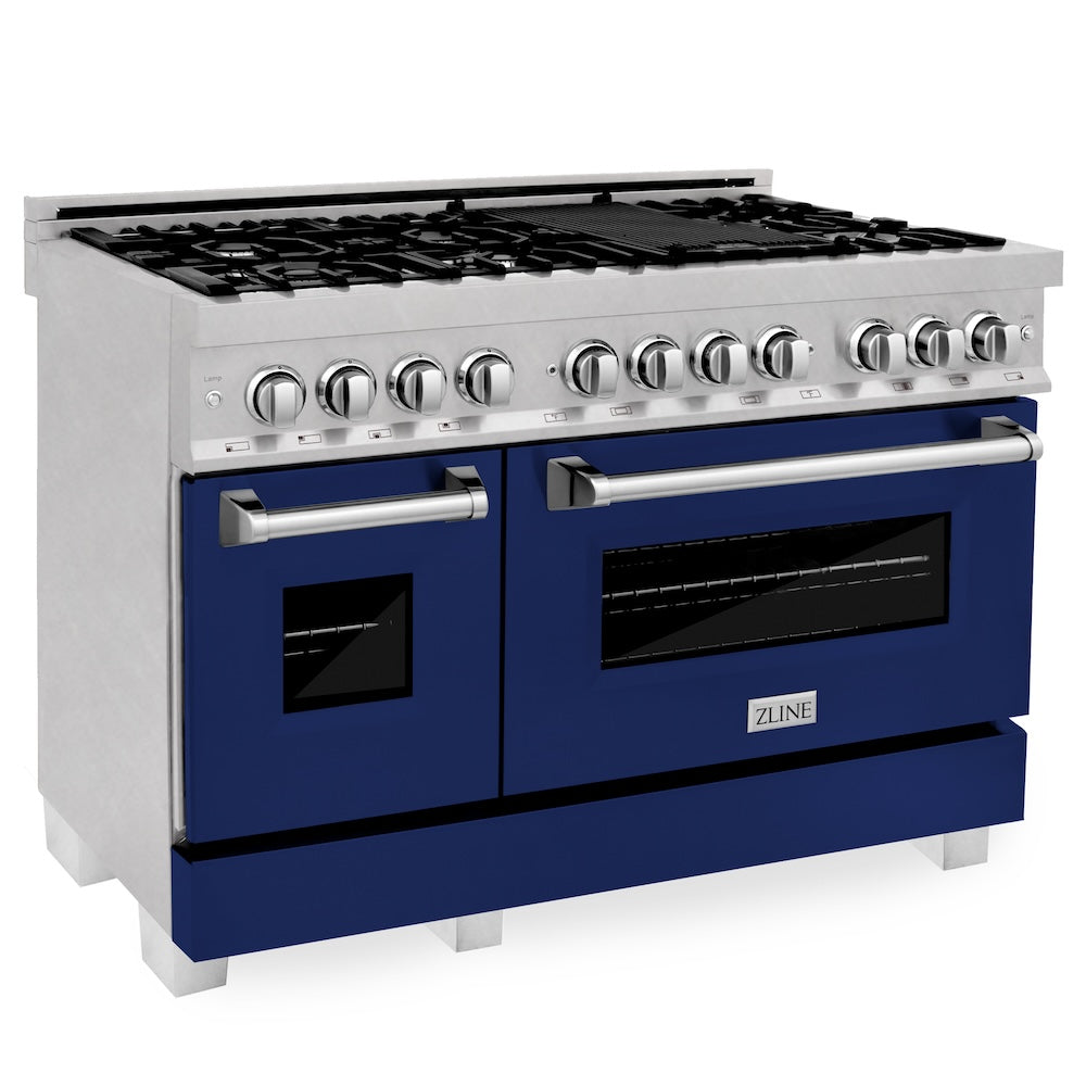 ZLINE 48 in. Kitchen Package with Fingerprint Resistant Stainless Steel Dual Fuel Range with Blue Gloss Door and Convertible Vent Range Hood (2KP-RASBGRH48)