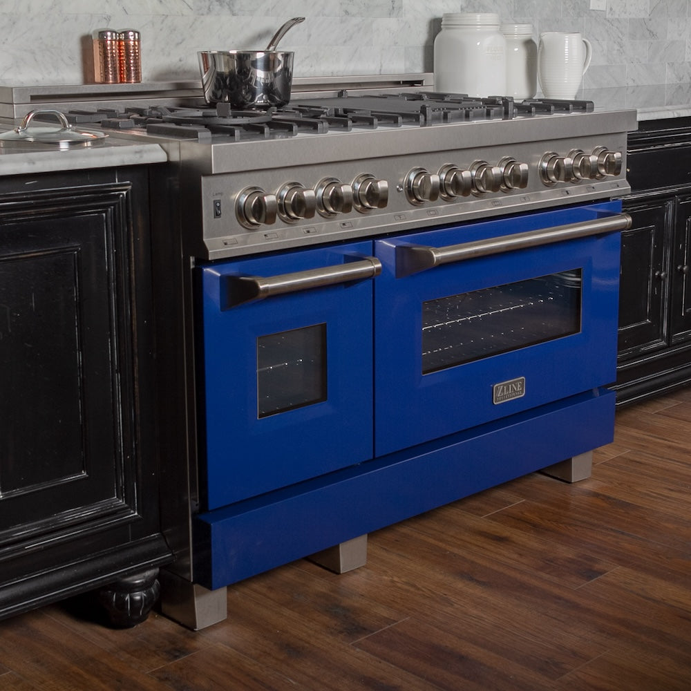 ZLINE 48 in. Kitchen Package with Fingerprint Resistant Stainless Steel Dual Fuel Range with Blue Gloss Door and Convertible Vent Range Hood (2KP-RASBGRH48)