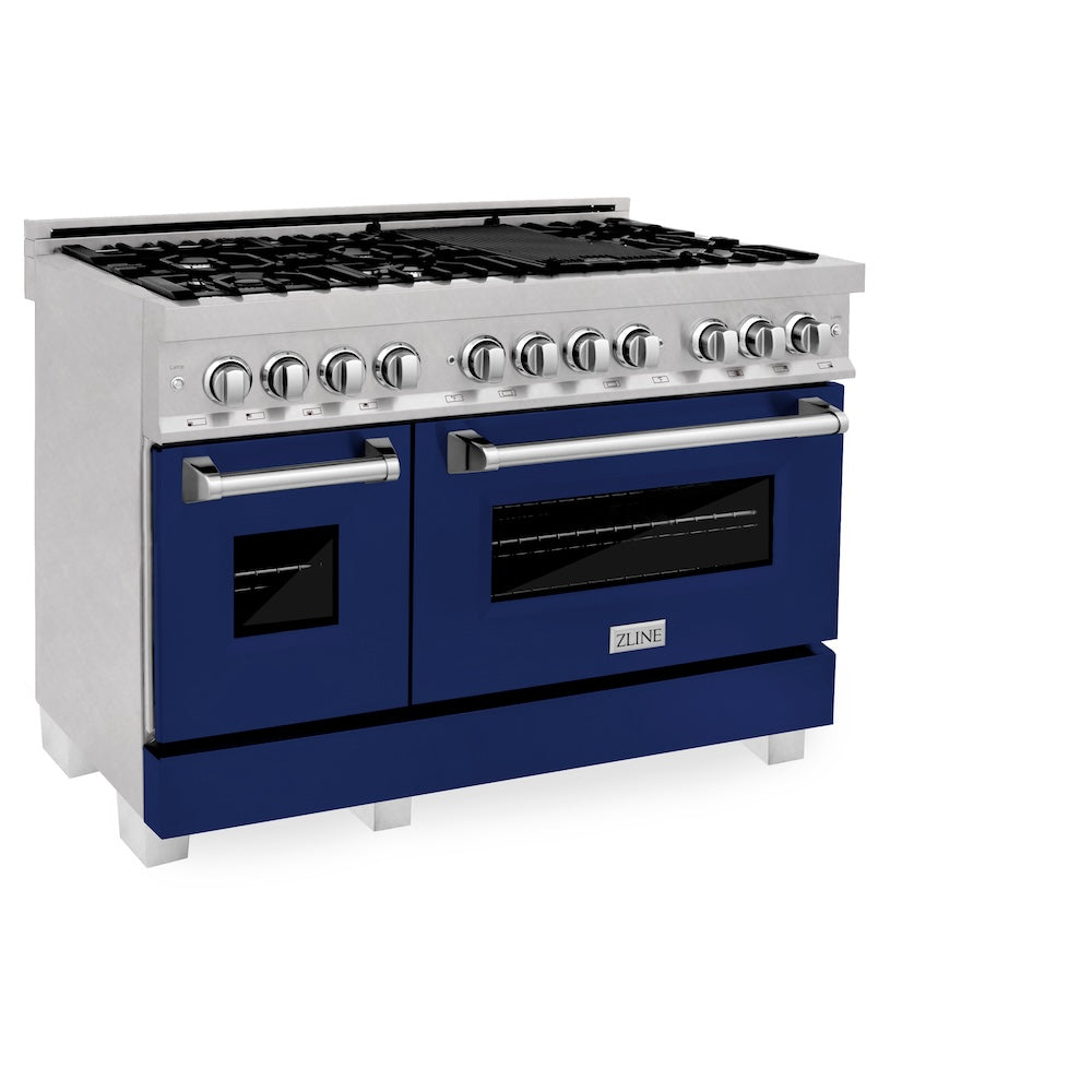 ZLINE 48 in. 6.0 cu. ft. Legacy Dual Fuel Range with 7 Burner Gas Cooktop and 2 Electric Ovens in Satin Stainless Steel and Blue Gloss Doors (RAS-BG-48) side.