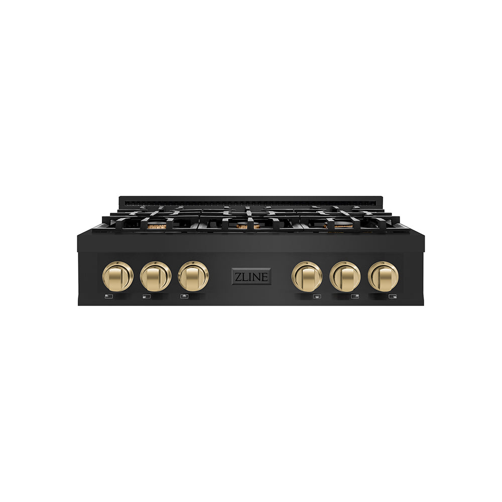 ZLINE Autograph Edition 36 in. Classic Gas Rangetop with 6 Burners and Porcelain Cooktop in Black Stainless Steel with Champagne Bronze Accents (RTBZ-36-CB) main image.