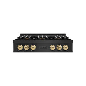 ZLINE Autograph Edition 36 in. Classic Gas Rangetop with 6 Burners and Porcelain Cooktop in Black Stainless Steel with Champagne Bronze Accents (RTBZ-36-CB) main image.