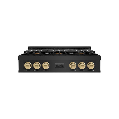ZLINE Autograph Edition 36 in. Classic Gas Rangetop with 6 Burners and Porcelain Cooktop in Black Stainless Steel with Champagne Bronze Accents (RTBZ-36-CB)