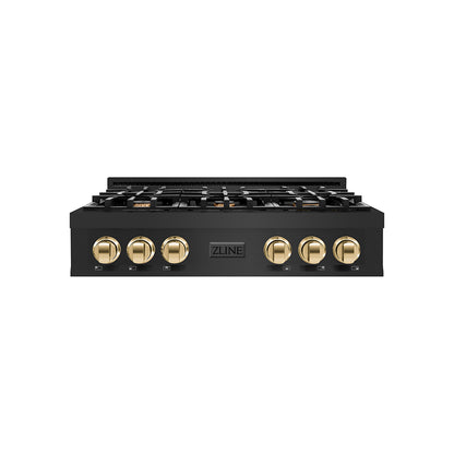 ZLINE Autograph Edition 36 in. Classic Gas Rangetop with 6 Burners and Porcelain Cooktop in Black Stainless Steel with Polished Gold Accents (RTBZ-36-G)