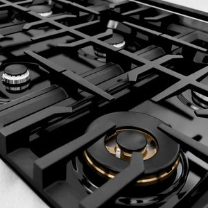 ZLINE 36 in. Classic Gas Rangetop with 6 Burners and Porcelain Cooktop in Satin Stainless Steel (RTS-36), close-up, black gas burner caps and cast iron grates.
