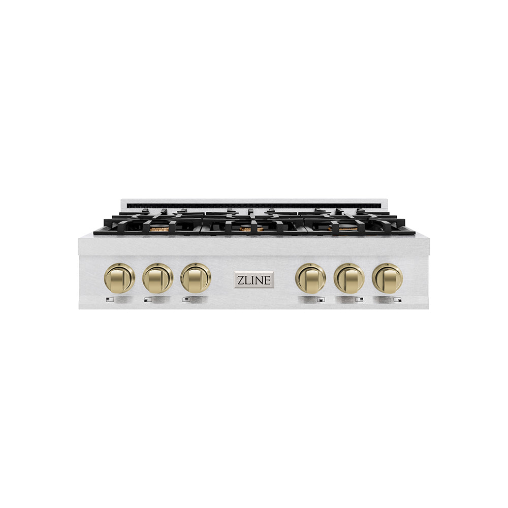 ZLINE Autograph Edition 36 in. Classic Gas Rangetop with 6 Burners and Porcelain Cooktop in Satin Stainless Steel with Champagne Bronze Accents (RTSZ-36-CB) main image.