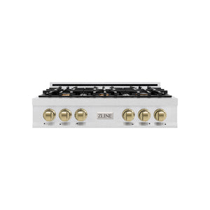 ZLINE Autograph Edition 36 in. Classic Gas Rangetop with 6 Burners and Porcelain Cooktop in Satin Stainless Steel with Champagne Bronze Accents (RTSZ-36-CB) main image.