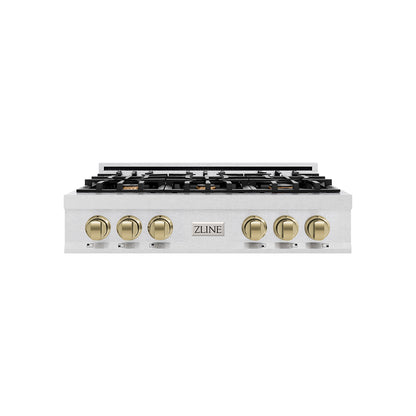 ZLINE Autograph Edition 36 in. Classic Gas Rangetop with 6 Burners and Porcelain Cooktop in Satin Stainless Steel with Champagne Bronze Accents (RTSZ-36-CB) main image.