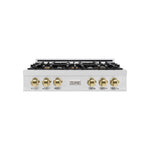 ZLINE Autograph Edition 36 in. Classic Gas Rangetop with 6 Burners and Porcelain Cooktop in Satin Stainless Steel with Polished Gold Accents (RTSZ-36-G) main image.