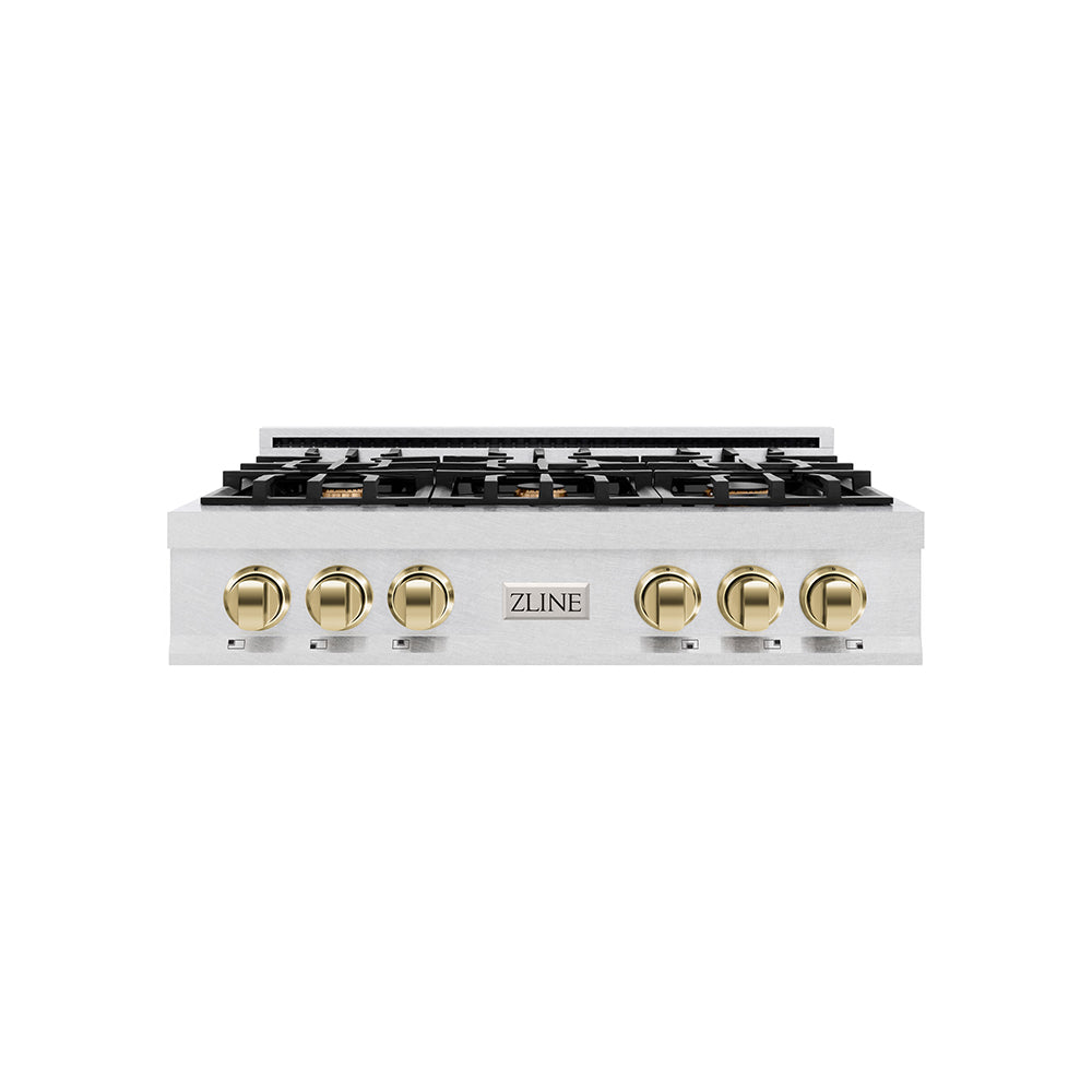 ZLINE Autograph Edition 36 in. Classic Gas Rangetop with 6 Burners and Porcelain Cooktop in Satin Stainless Steel with Polished Gold Accents (RTSZ-36-G) main image.
