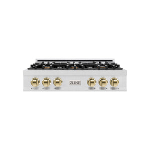 ZLINE Autograph Edition 36 in. Classic Gas Rangetop with 6 Burners and Porcelain Cooktop in Satin Stainless Steel with Polished Gold Accents (RTSZ-36-G) main image.