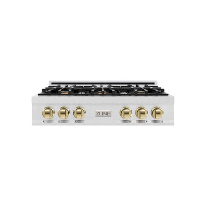 ZLINE Autograph Edition 36 in. Classic Gas Rangetop with 6 Burners and Porcelain Cooktop in Satin Stainless Steel with Polished Gold Accents (RTSZ-36-G) main image.