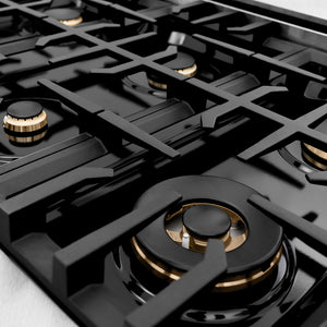 ZLINE Autograph Edition 36 in. Classic Gas Rangetop with 6 Burners and Porcelain Cooktop in Satin Stainless Steel with Matte Black Accents (RTSZ-36-MB), close-up, black gas burner caps and cast iron grates.