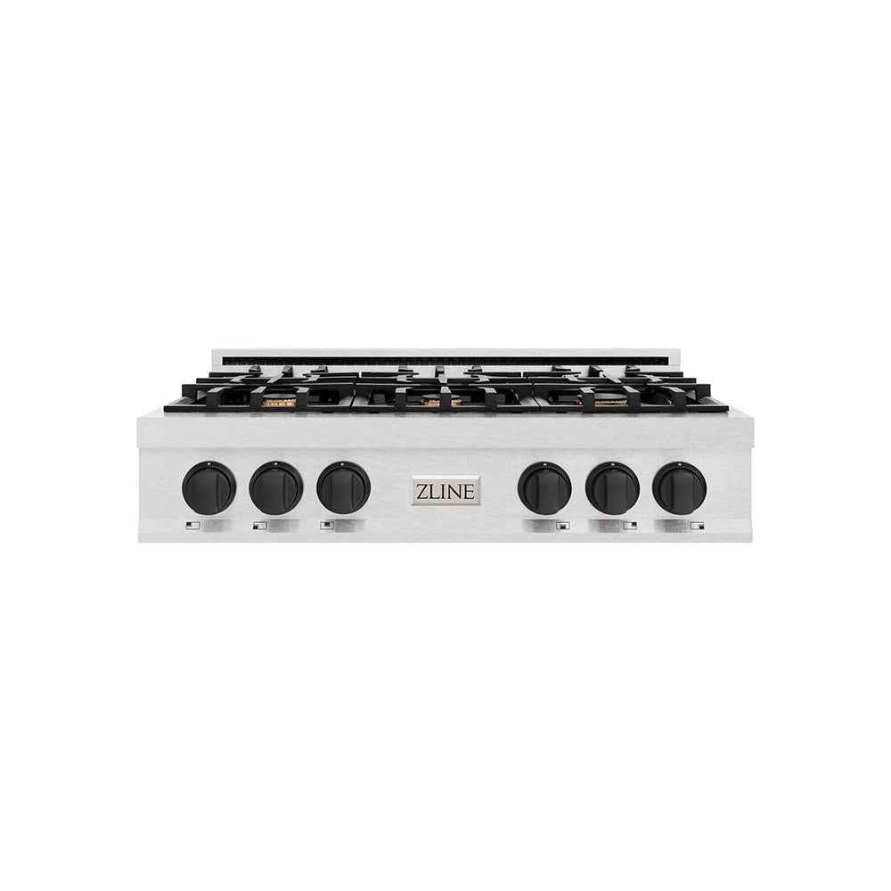 ZLINE Autograph Edition 36 in. Classic Gas Rangetop with 6 Burners and Porcelain Cooktop in Satin Stainless Steel with Matte Black Accents (RTSZ-36-MB) main image.