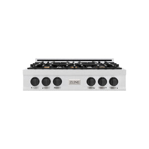ZLINE Autograph Edition 36 in. Classic Gas Rangetop with 6 Burners and Porcelain Cooktop in Satin Stainless Steel with Matte Black Accents (RTSZ-36-MB) main image.