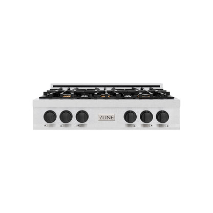 ZLINE Autograph Edition 36 in. Classic Gas Rangetop with 6 Burners and Porcelain Cooktop in Satin Stainless Steel with Matte Black Accents (RTSZ-36-MB) main image.