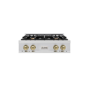 ZLINE Autograph Edition 30 in. Classic Gas Rangetop with 4 Burners and Porcelain Cooktop in Stainless Steel with Champagne Bronze Accents (RTZ-30-CB) main image.