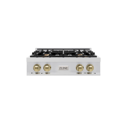 ZLINE Autograph Edition 30 in. Classic Gas Rangetop with 4 Burners and Porcelain Cooktop in Stainless Steel with Champagne Bronze Accents (RTZ-30-CB) main image.