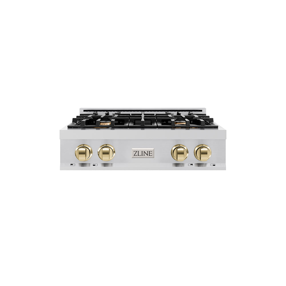 ZLINE Autograph Edition 30 in. Classic Gas Rangetop with 4 Burners and Porcelain Cooktop in Stainless Steel with Polished Gold Accents (RTZ-30-G)