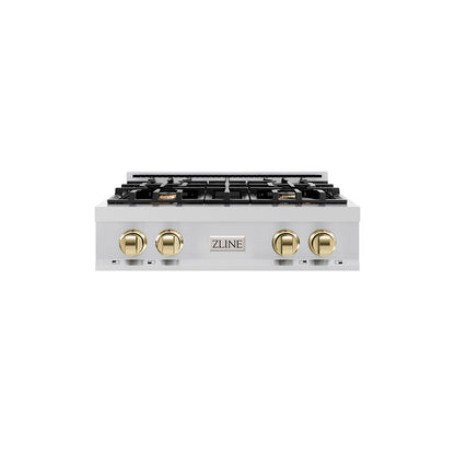ZLINE Autograph Edition 30 in. Classic Gas Rangetop with 4 Burners and Porcelain Cooktop in Stainless Steel with Polished Gold Accents (RTZ-30-G)