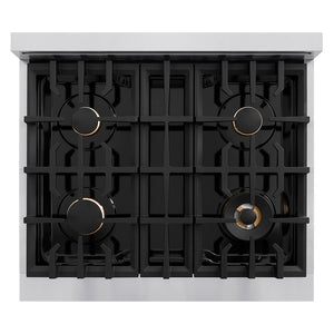 ZLINE Autograph Edition 30 in. Classic Gas Rangetop with 4 Burners and Porcelain Cooktop in Stainless Steel with Polished Gold Accents (RTZ-30-G), top-down, above cooking surface.