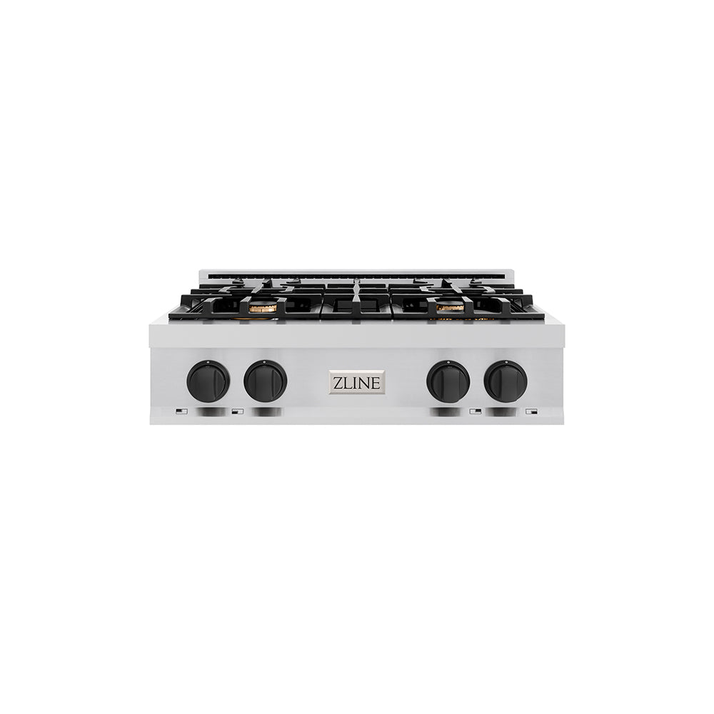 ZLINE Autograph Edition 30 in. Classic Gas Rangetop with 4 Burners and Porcelain Cooktop in Stainless Steel with Matte Black Accents (RTZ-30-MB) main image.