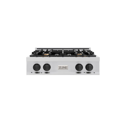 ZLINE Autograph Edition 30 in. Classic Gas Rangetop with 4 Burners and Porcelain Cooktop in Stainless Steel with Matte Black Accents (RTZ-30-MB) main image.