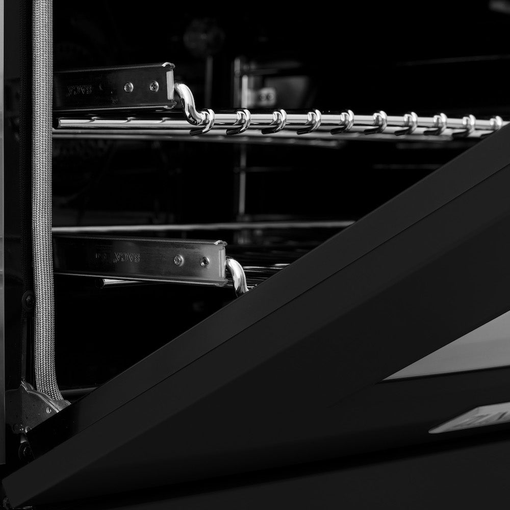 ZLINE 36 in. Professional Dual Fuel Range in Fingerprint Resistant Stainless Steel with Black Matte Door (RAS-BLM-36) close-up oven door.