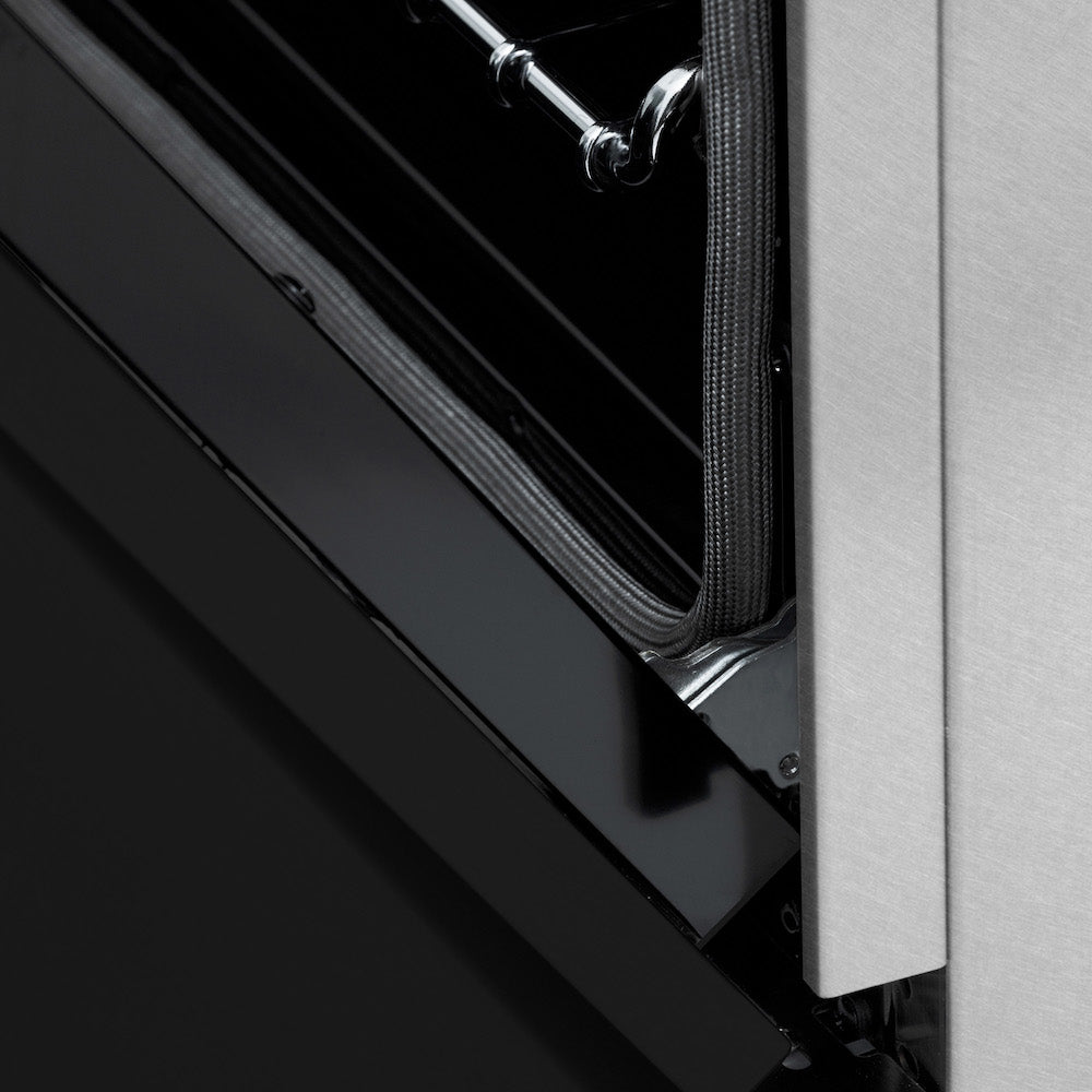 ZLINE 36 in. Professional Dual Fuel Range in Fingerprint Resistant Stainless Steel with Black Matte Door (RAS-BLM-36) StayPut Oven Door Hinges close-up.