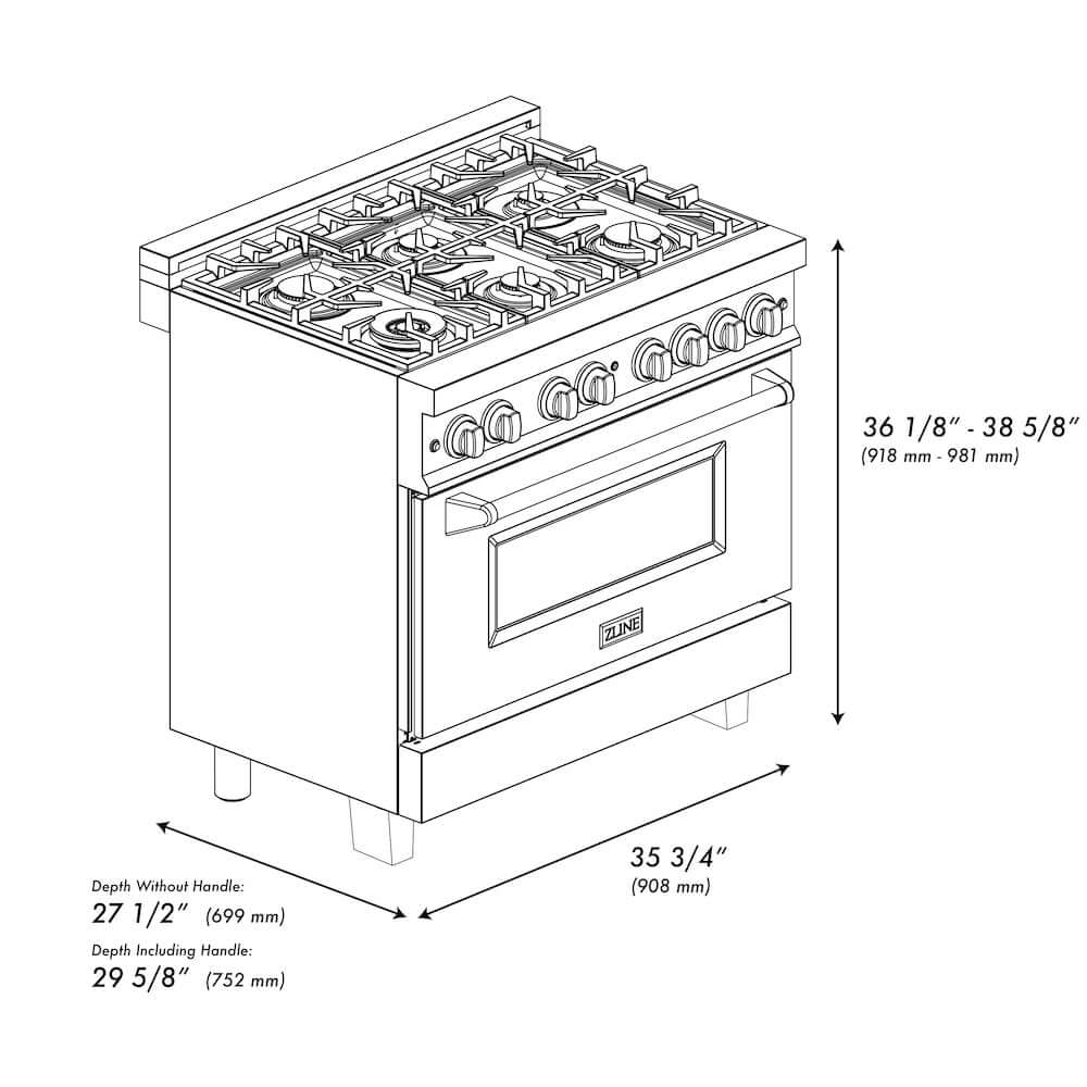ZLINE 36 in. Kitchen Package with Fingerprint Resistant Stainless Dual Fuel Range, Ducted Vent Range Hood and Dishwasher (3KP-RASRH36-DW) dimensional diagram with measurements.