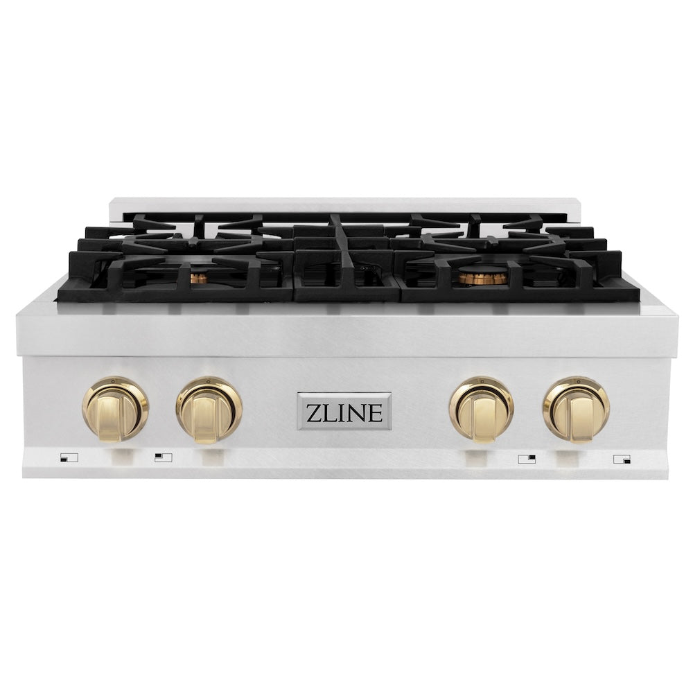 ZLINE Autograph Edition 30 in. Porcelain Rangetop with 4 Gas Burners in DuraSnow® Stainless Steel with Polished Gold Accents (RTSZ-30-G) front.