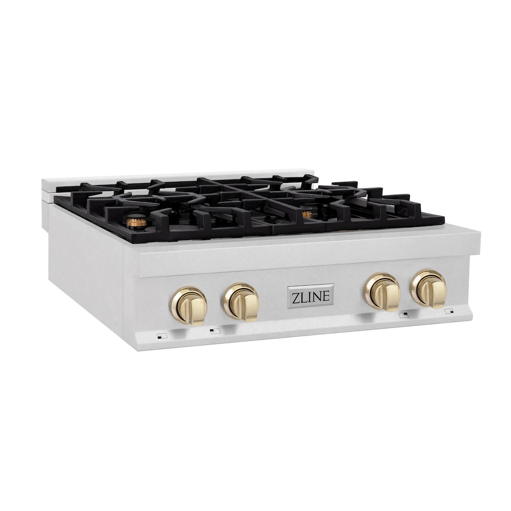 ZLINE Autograph Edition 30 in. Porcelain Rangetop with 4 Gas Burners in DuraSnow® Stainless Steel with Polished Gold Accents (RTSZ-30-G)