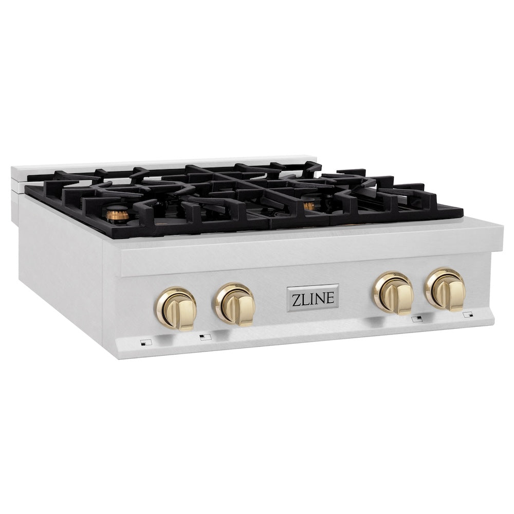 ZLINE Autograph Edition 30 in. Porcelain Rangetop with 4 Gas Burners in DuraSnow® Stainless Steel with Polished Gold Accents (RTSZ-30-G) side, main.