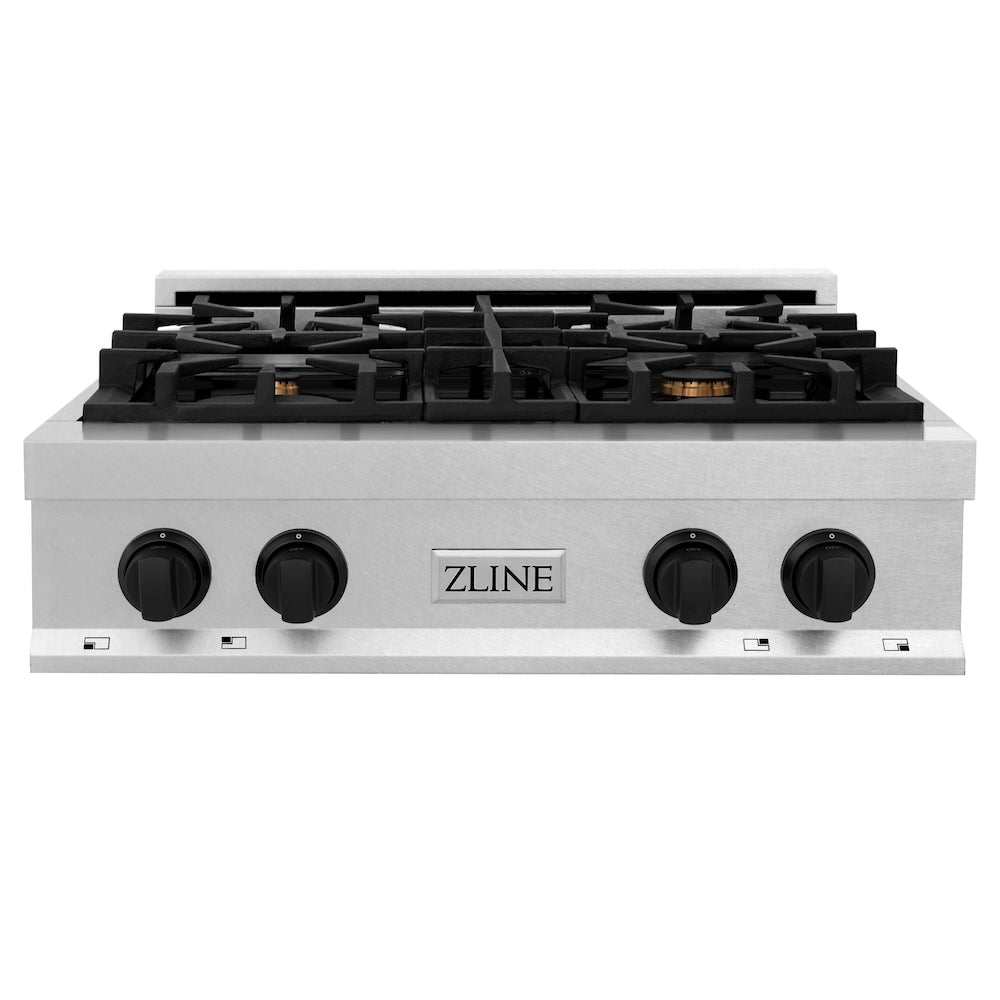 ZLINE Autograph Edition 30 in. Porcelain Rangetop with 4 Gas Burners in DuraSnow® Stainless Steel with Matte Black Accents (RTSZ-30-MB) front.