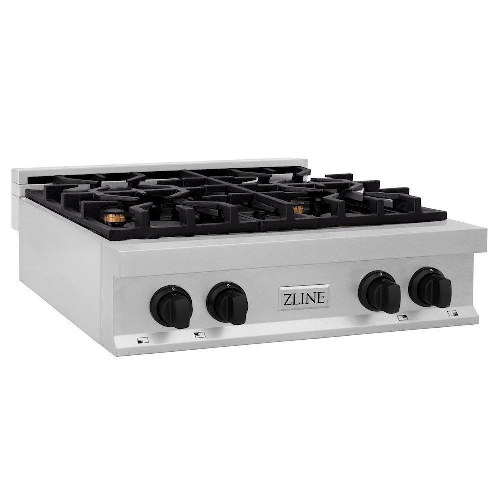 ZLINE Autograph Edition 30 in. Porcelain Rangetop with 4 Gas Burners in DuraSnow® Stainless Steel with Matte Black Accents (RTSZ-30-MB) side, main.